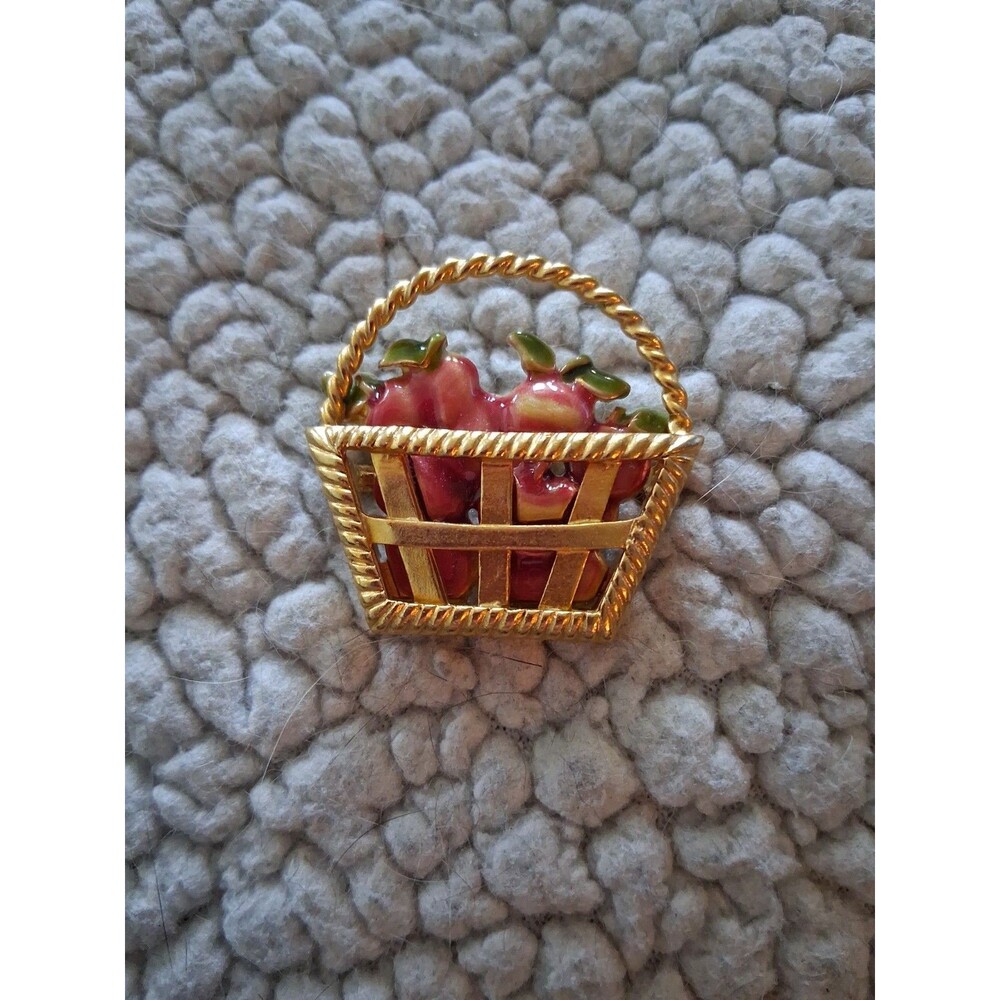 Basket Red Apples Gold tone Metal Brooch Pin 1.5" Harvest Autumn Vintage